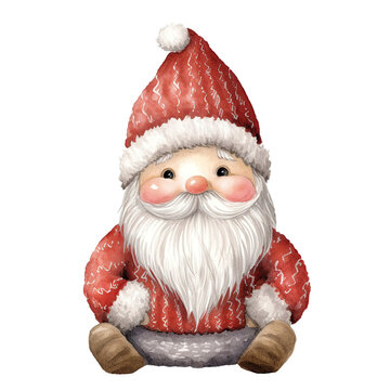 Christmas Gnome, scandinavian, nordic dwarf with red hat. Watercolor or aquarelle painting illustration. Isolated cutout on transparent or white background.