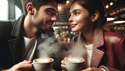 A couple exchanging flirty glances across a crowded cafe, with steam rising from their coffee mugs.