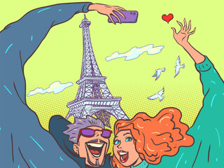Visit the sights of France. Travel around the world on your honeymoon. A man and a girl are photographed against the backdrop of the Eiffel tower.
