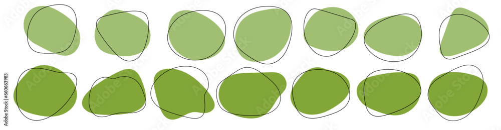 Poster abstract blob shape organic, irregular round blot form with outline circle. collection of liquid dro