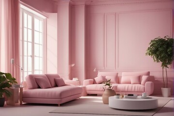 Interior of soft pink modern room with a comfortable sofa and plants