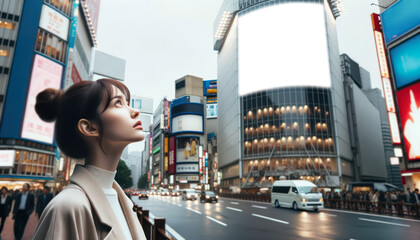 A model looking up at a blank billboard in a busy city street. - obrazy, fototapety, plakaty