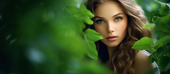 Beautiful young woman's face behind green leaves while looking at the camera - obrazy, fototapety, plakaty