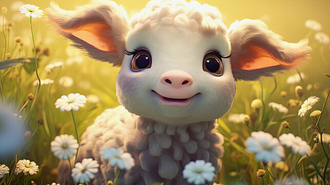 illustration of a cute sheep on a meadow with white flowers