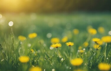 Spring summer blurred natural background. Beautiful meadow field with fresh grass and yellow dandelions