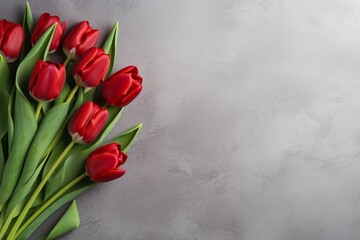 red tulip bouquet on light background with empty space. Generative AI