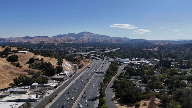 Aerial shot of Mt. Diablo; Highway 680 and highway 24 interchange, Walnut Creek California, Contra Costa County