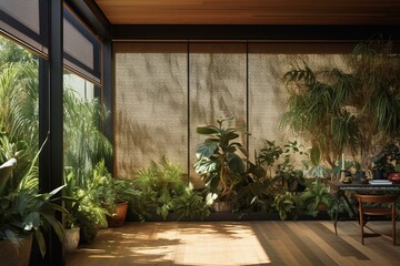Roller shades on window, wood wall, plants in pots, motorized curtains. Generative AI