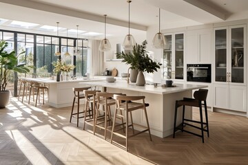 Modern kitchen with white tones, island dining, herringbone flooring, plants, wooden accents. Generative AI