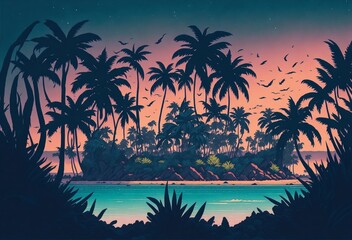 Tropical island with palm trees and the sunset, flat vector art illustration background, Generative AI