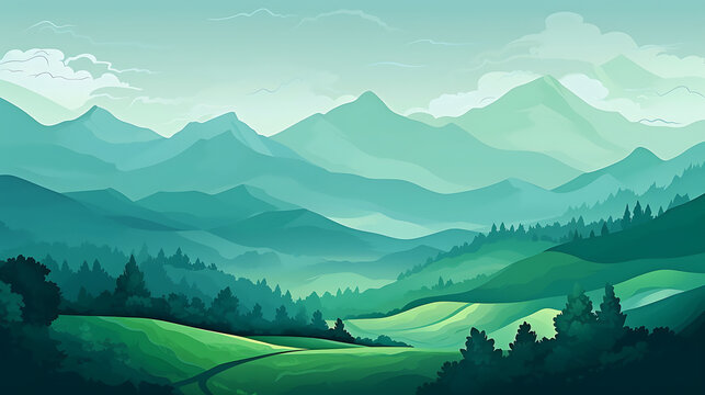 Abstract green landscape wallpaper background illustration design with hills and mountains © Alin