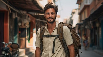 Backpacker traveling and walking the street