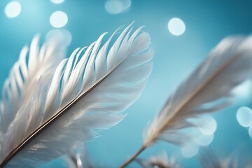 Fluffy white bird feather with sparkling bokeh on light blue blurred background - obrazy, fototapety, plakaty