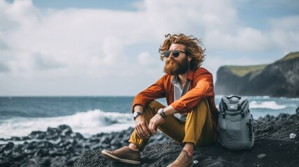 Fototapeta premium person with backpack on the beach