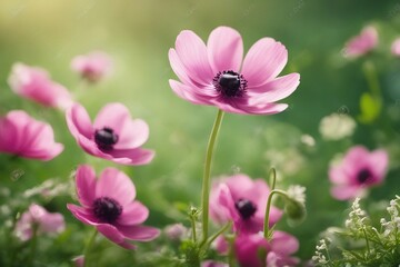 Beautiful pink flower anemones fresh spring morning on nature and fluttering butterfly on soft green background