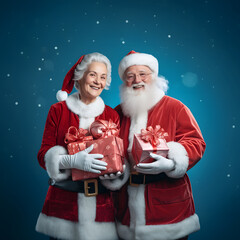 Santa Claus and his wife in red suits are holding Christmas presents in their hands. New Year's atmosphere. Winter blue background.