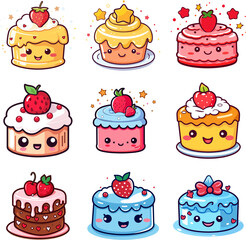 Vector colorful sweet cake isolated on white or transparent background. Cute birthday cake decorated with cream topping, fruit and