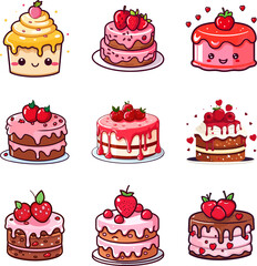 Vector colorful sweet cake isolated on white or transparent background. Cute birthday cake decorated with cream topping, fruit and