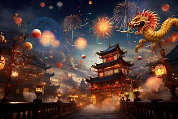 Chinese new year celebration festival with Chinese dragon - obrazy, fototapety, plakaty