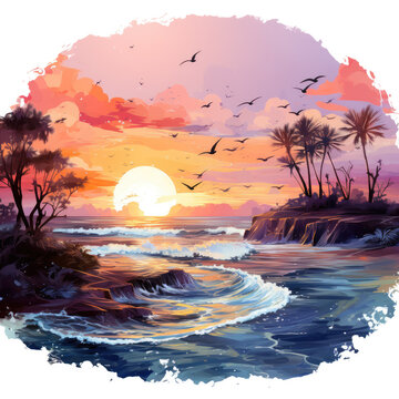 watercolor Colorful Watercolor Beach Sunset sublimation for clipart, Generative Ai