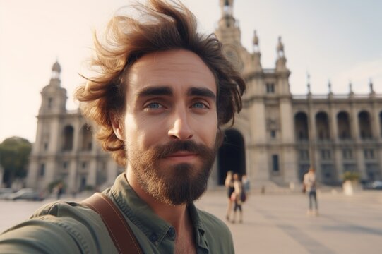 Happy tourist in sunglasses in Barcelona, Spain - Smiling man taking selfie on city street - Tourism and vacation concept. generative AI