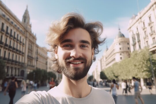 Happy tourist in sunglasses in Barcelona, Spain - Smiling man taking selfie on city street - Tourism and vacation concept. generative AI