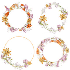 Set of Frames wreathes. Abstract wildflowers. fabulous unusual bright. for postcards, invitations, design