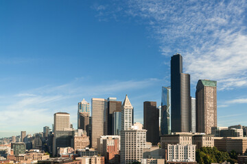 Fototapeta na wymiar Seattle aerial skyline panorama of downtown skyscrapers at sunrise, Washington USA.