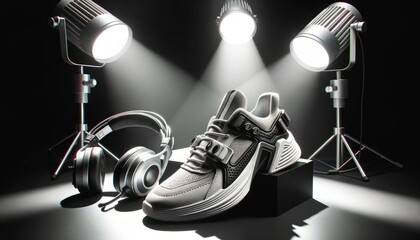 Stylish sneakers and headphones under studio lights, studio photography, stylish accessories, music and fashion fusion, product highlighting, monochrome aesthetics