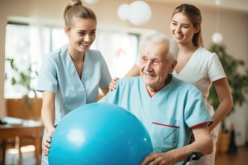 nurses helping the elderly patient with rehabilitation exercises, health concept