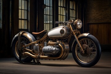 Vintage-style custom bike in a dark room with wide windows, vintage design, customization, architectural space, color scheme, unique machinery