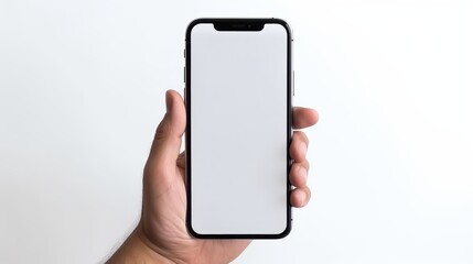 Hand Holding Smartphone with Blank White Screen on Clean White Background - Minimalistic Technology and Copy Space Concept