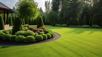 Beautiful manicured lawn and flower bed with deciduous