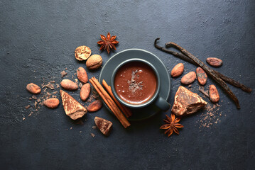 Delicious spicy hot chocolate with ingredients for making. Top view with copy space.
