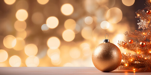 Kugeln und Dekoration in Nahaufnahme mit Platz für Produkt, Copy Space und festlichem bokeh Hintergrund mit Lichtern und Glitter, Glitzer für Werbung, Karte, Banner