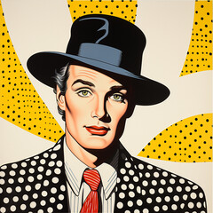 Comic book style man with hat wearing polka dot suit jacket - obrazy, fototapety, plakaty