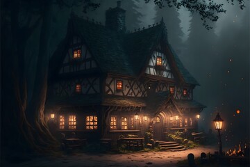 a cosy looking medieval tavern in a dark gloomy foggy wood nighttime full moon DnD  - obrazy, fototapety, plakaty