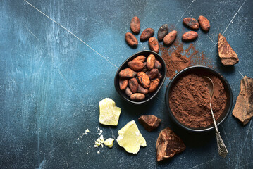 Ingredients for making homemade chocolate . Top view with copy space.
