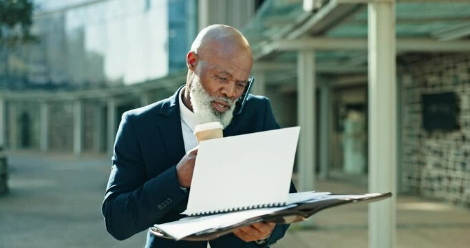 Phone Call, Documents And Coffee With A Multitasking Businessman In A Windy City On A Commute To Work. Stress, Windy And Business With A Senior Corporate Employee In A Hurry Or Rush In An Urban Town