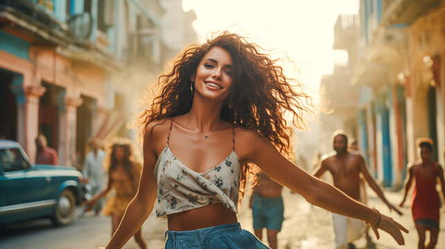 portrait of a brasilian brunette model long-haired in dancing on a street in a city
