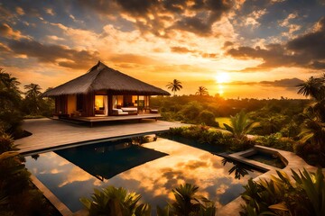 an elite bungalow against a stunning sunset backdrop, with warm, golden hues