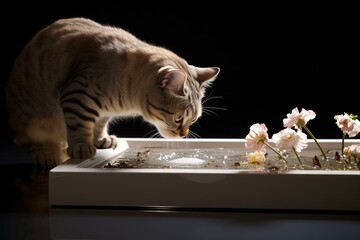 Cat sniffs litter box. Generative AI - obrazy, fototapety, plakaty