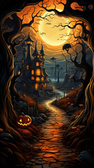 Halloween theme: gloomy night landscape with glowing lights and pumpkins against the backdrop of a Gothic castle