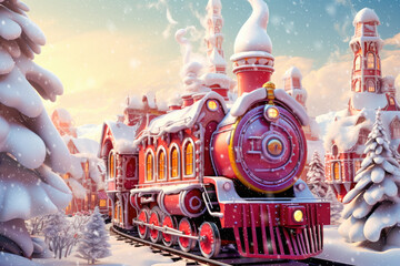 Santa's Christmas toy train in the fairyland of gingerbread houses. Christmas holiday concept. - obrazy, fototapety, plakaty