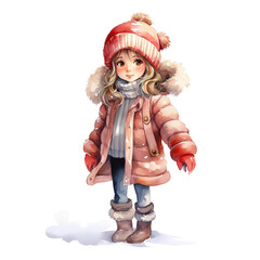Girl Wearing Winter Clothes For Christmas Event. Watercolor Style. AI Generated