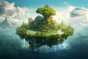 Dreamy floating island surrounded by lush grass, surreal affloat scenery depicting a paradise concept. Generative AI