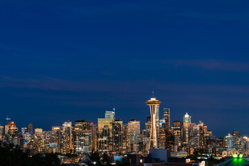 Seattle skyline panorama with iconic view observation tower as seen from Kerry Park. Skyscrapers of...