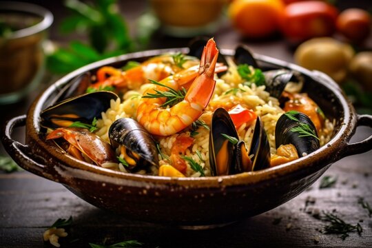 Delicious mixed rice with mussels and shrimps. Generative AI