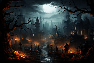 Eerie Halloween Scenes: Glowing Pumpkin Lanterns, Moonlit Mystic Forests, Graveyard with Spooky Pumpkins, & Atmospheric Haunting Backdrops. Ai Generative