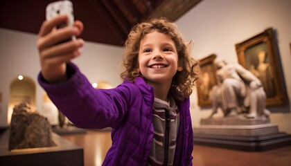 Happy 5-year-old taking a selfie in a museum